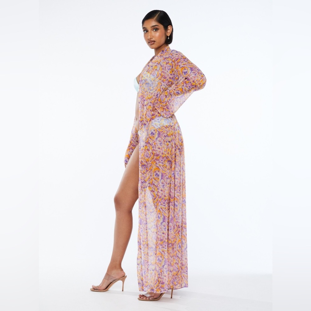 Savage X Fenty Cyber Cat Long Sheer Robe in Purple/Orange Print, SZ XS NWOT 🐱 - Picture 3 of 12